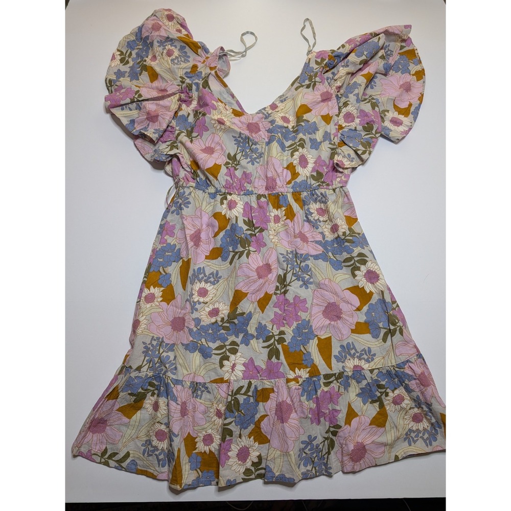 Sim & Sam Floral Flutter Sleeve Mini Dress Pink Blue Cotton V-Neck Womens‎ Small
